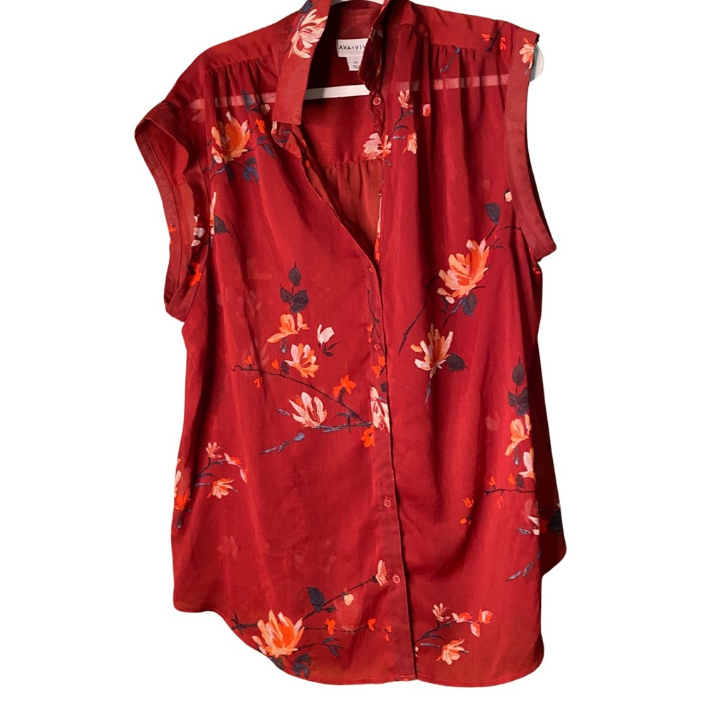Ava & Viv Red Floral Cap-Sleeve Button Front Blouse